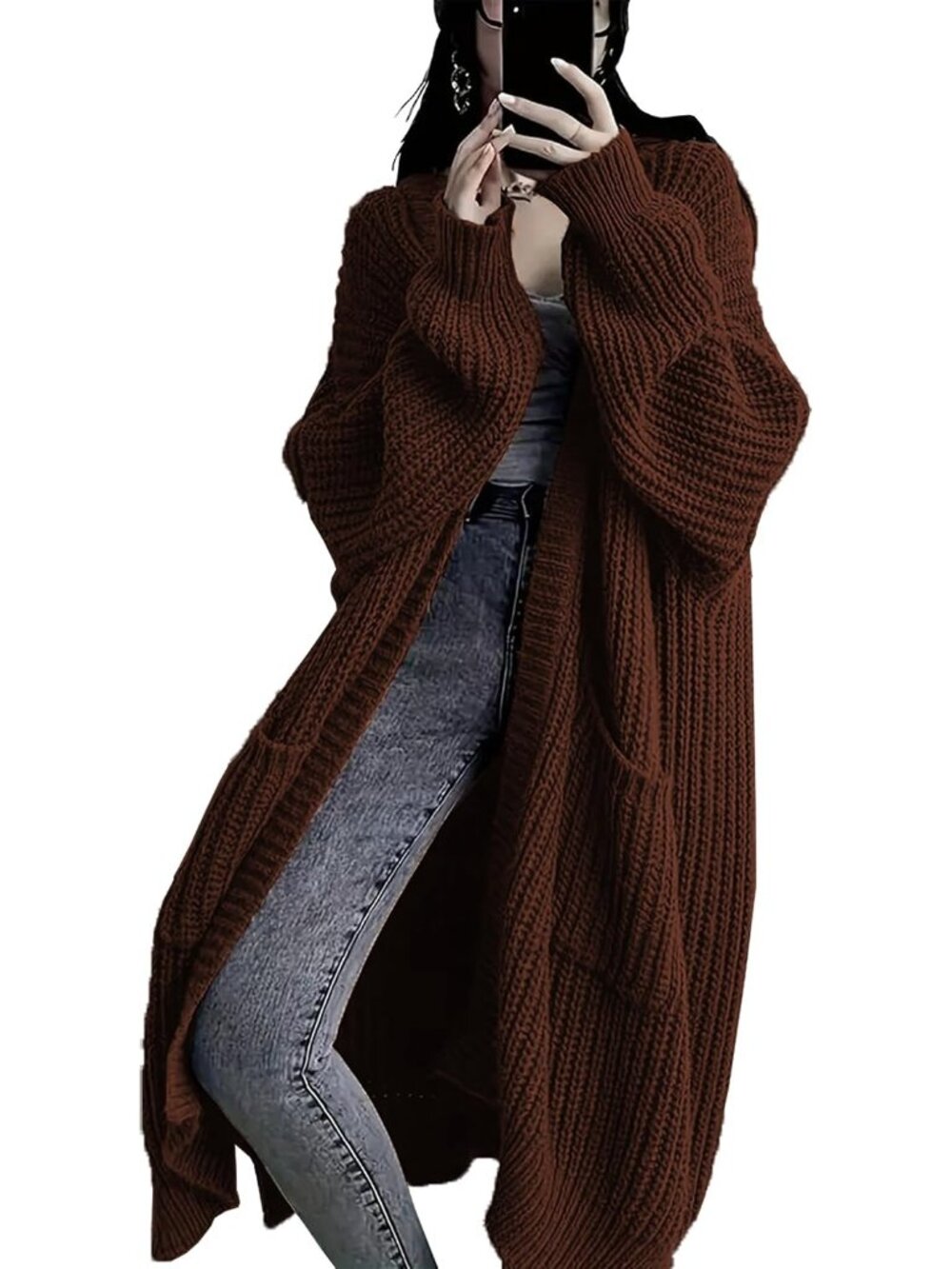 Women Coffee Long Cardigan Sweaters Chunky Knit Open Front Pockets Duster Coats